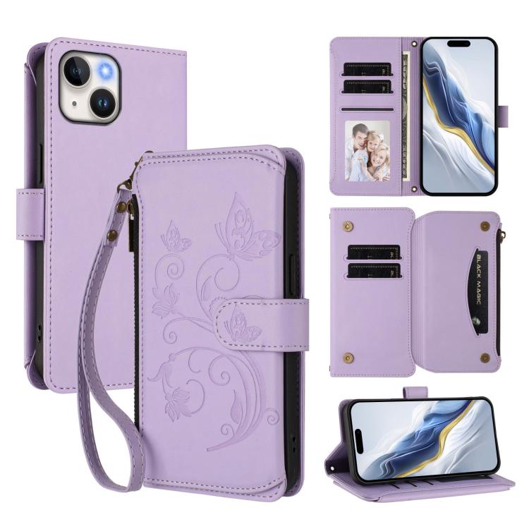 バタフライラブフラワー多カードジッパー財布レザーケース、iPhone 15用、iPhone 14 Plus用、iPhone 14 / 13用、iPhone 14 Pro用、iPhone 14 Pro Max用、iPhone 7 / 8 / SE 2022用