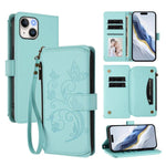 バタフライラブフラワー多カードジッパー財布レザーケース、iPhone 15用、iPhone 14 Plus用、iPhone 14 / 13用、iPhone 14 Pro用、iPhone 14 Pro Max用、iPhone 7 / 8 / SE 2022用