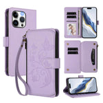 バタフライラブフラワー多カードジッパー財布レザーケース、iPhone 15用、iPhone 14 Plus用、iPhone 14 / 13用、iPhone 14 Pro用、iPhone 14 Pro Max用、iPhone 7 / 8 / SE 2022用