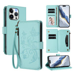 バタフライラブフラワー多カードジッパー財布レザーケース、iPhone 15用、iPhone 14 Plus用、iPhone 14 / 13用、iPhone 14 Pro用、iPhone 14 Pro Max用、iPhone 7 / 8 / SE 2022用