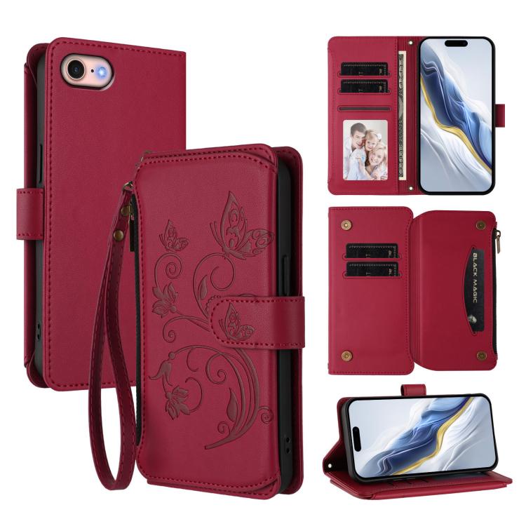 バタフライラブフラワー多カードジッパー財布レザーケース、iPhone 15用、iPhone 14 Plus用、iPhone 14 / 13用、iPhone 14 Pro用、iPhone 14 Pro Max用、iPhone 7 / 8 / SE 2022用