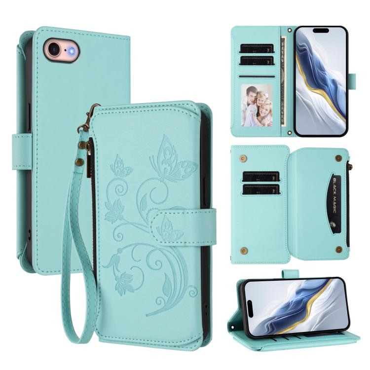 バタフライラブフラワー多カードジッパー財布レザーケース、iPhone 15用、iPhone 14 Plus用、iPhone 14 / 13用、iPhone 14 Pro用、iPhone 14 Pro Max用、iPhone 7 / 8 / SE 2022用