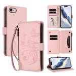 バタフライラブフラワー多カードジッパー財布レザーケース、iPhone 15用、iPhone 14 Plus用、iPhone 14 / 13用、iPhone 14 Pro用、iPhone 14 Pro Max用、iPhone 7 / 8 / SE 2022用