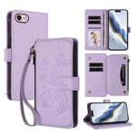 バタフライラブフラワー多カードジッパー財布レザーケース、iPhone 15用、iPhone 14 Plus用、iPhone 14 / 13用、iPhone 14 Pro用、iPhone 14 Pro Max用、iPhone 7 / 8 / SE 2022用