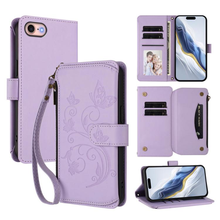 バタフライラブフラワー多カードジッパー財布レザーケース、iPhone 15用、iPhone 14 Plus用、iPhone 14 / 13用、iPhone 14 Pro用、iPhone 14 Pro Max用、iPhone 7 / 8 / SE 2022用