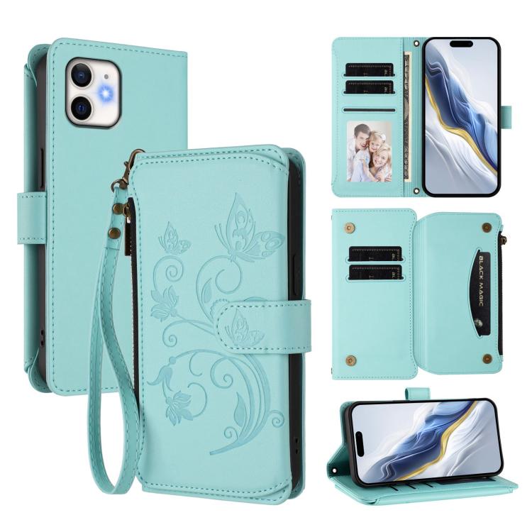 バタフライラブフラワー多カードジッパー財布レザーフォンケース、iPhone 11 Pro Max用、iPhone 11用、iPhone 11 Pro用、iPhone X / XS用、iPhone XR用、iPhone XS Max用