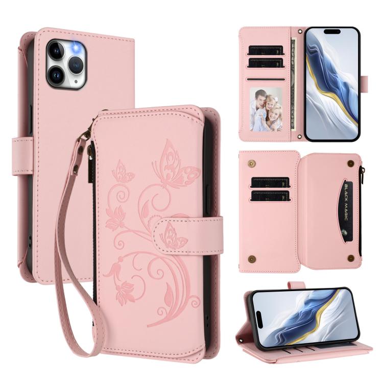 バタフライラブフラワー多カードジッパー財布レザーフォンケース、iPhone 11 Pro Max用、iPhone 11用、iPhone 11 Pro用、iPhone X / XS用、iPhone XR用、iPhone XS Max用