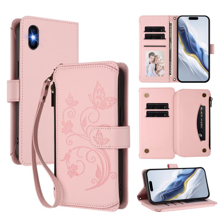 バタフライラブフラワー多カードジッパー財布レザーフォンケース、iPhone 11 Pro Max用、iPhone 11用、iPhone 11 Pro用、iPhone X / XS用、iPhone XR用、iPhone XS Max用