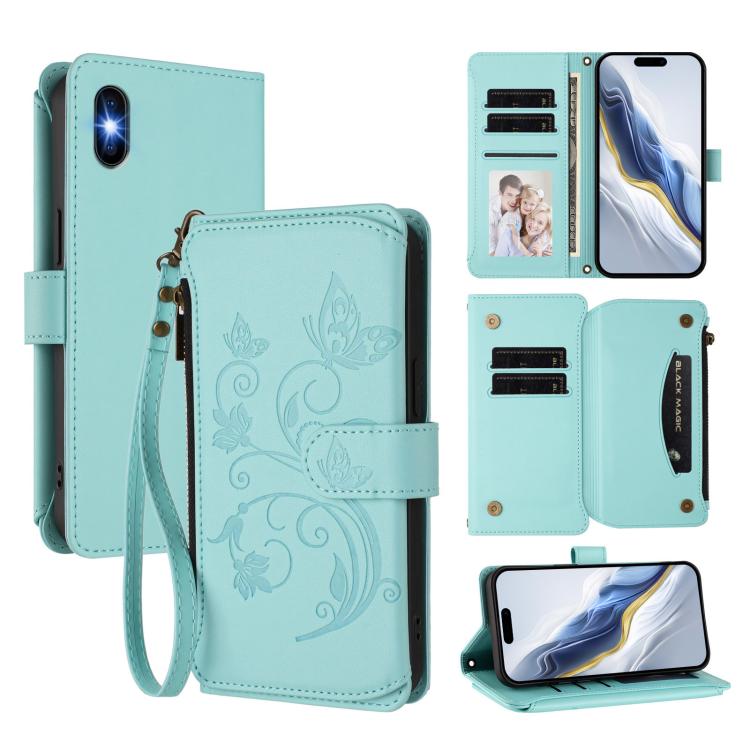 バタフライラブフラワー多カードジッパー財布レザーフォンケース、iPhone 11 Pro Max用、iPhone 11用、iPhone 11 Pro用、iPhone X / XS用、iPhone XR用、iPhone XS Max用