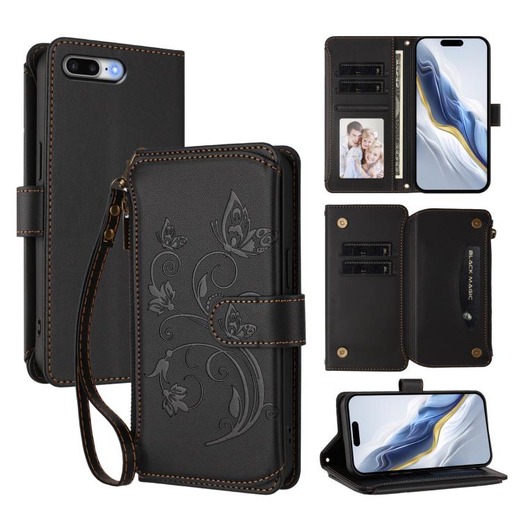 バタフライラブフラワー多カードジッパー財布レザーフォンケース、iPhone 7 Plus / 8 Plus用