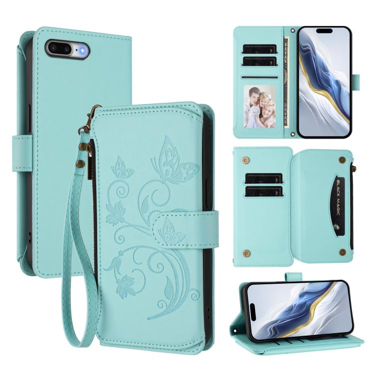 バタフライラブフラワー多カードジッパー財布レザーフォンケース、iPhone 7 Plus / 8 Plus用