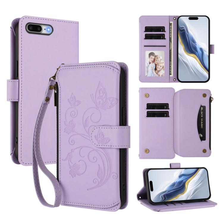 バタフライラブフラワー多カードジッパー財布レザーフォンケース、iPhone 7 Plus / 8 Plus用