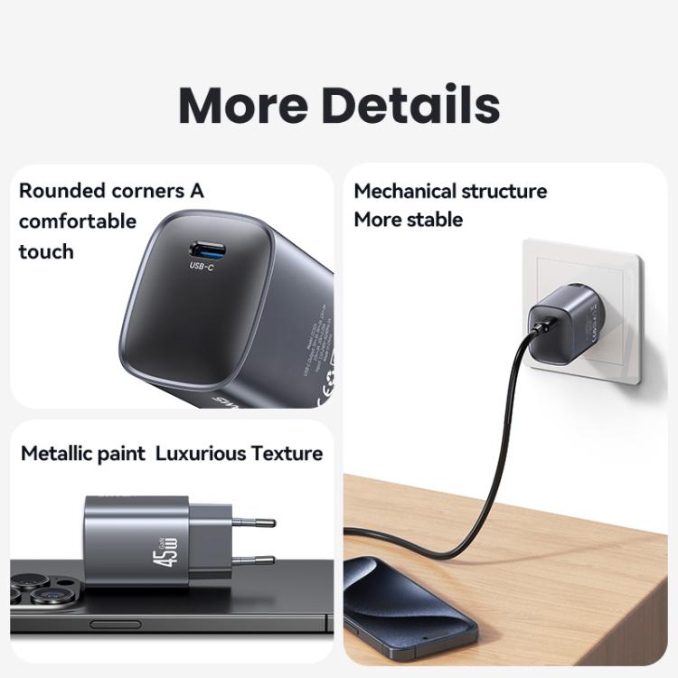 USAMS CC323 T66 45W USB-C / Type-C GaN急速充電器、EUプラグ、CC323