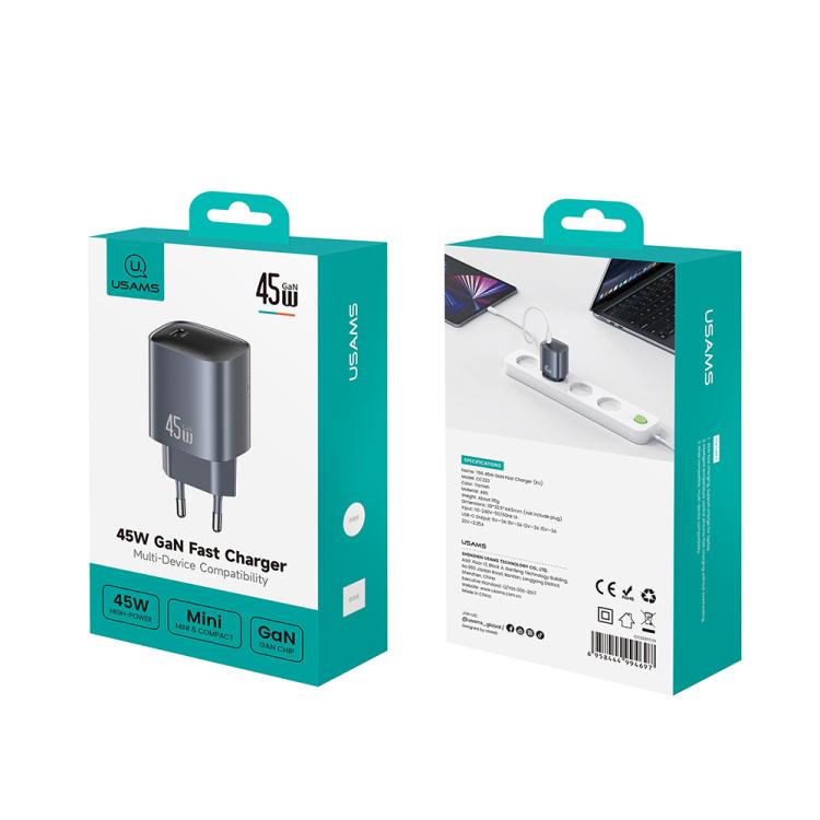 USAMS CC323 T66 45W USB-C / Type-C GaN急速充電器、EUプラグ、CC323