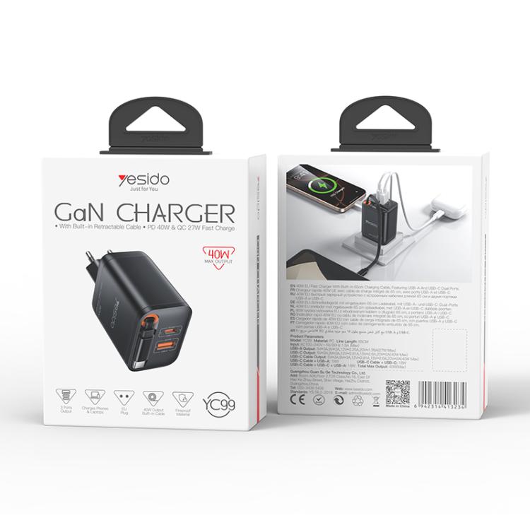 Yesido YC99 40W 急速充電器 伸縮式 Type-C ケーブル付き、YC99
