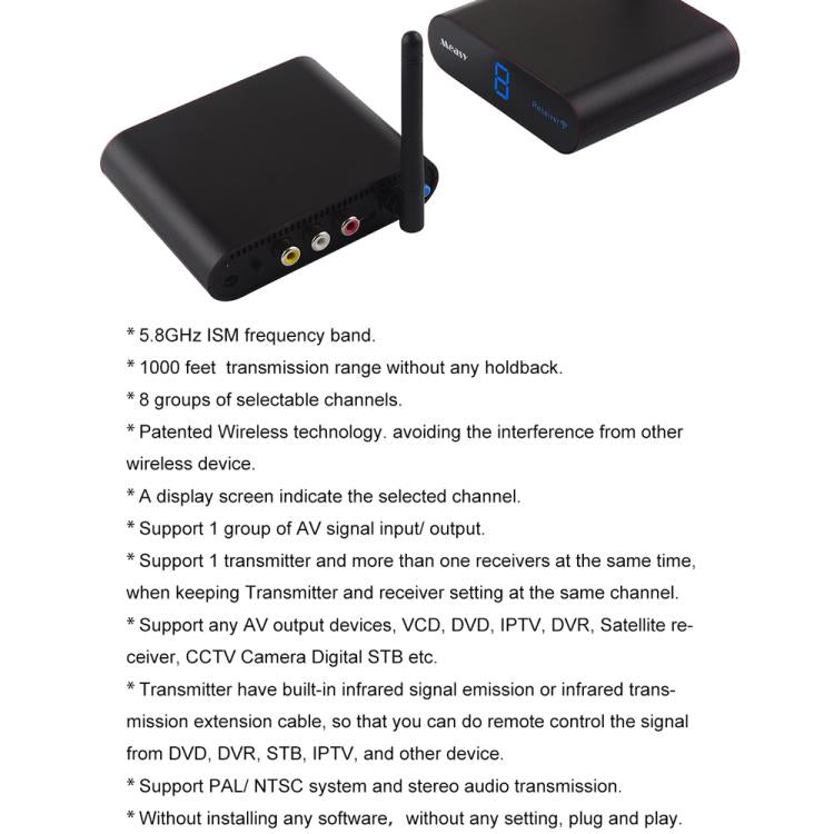 Measy AV530 5.8GHz ワイヤレス音声/映像送信機＆受信機、距離: 300m、AV530 ブラック