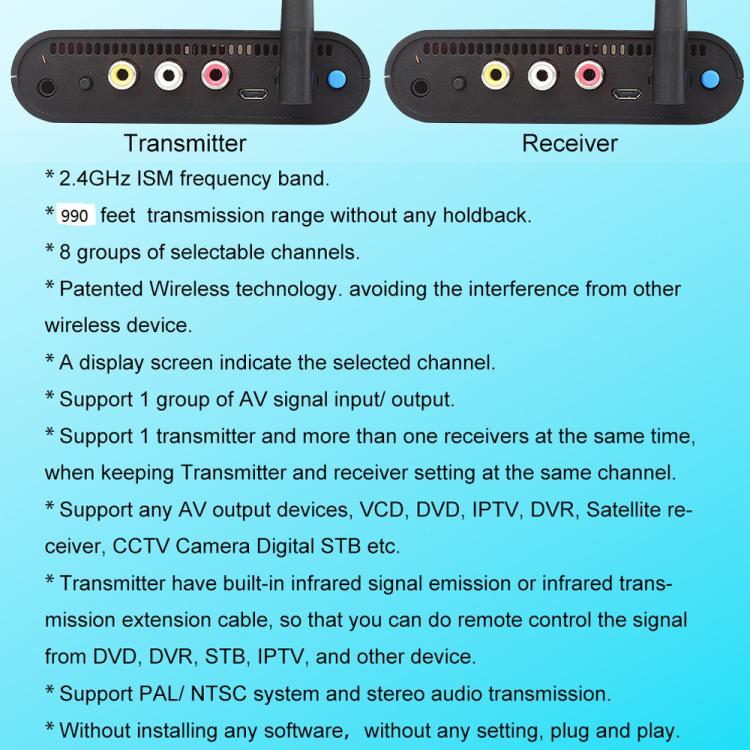 Measy AV230 2.4GHz ワイヤレス音声/映像送信機＆受信機 赤外線リターン機能付き、距離: 300m、AV230 ブラック