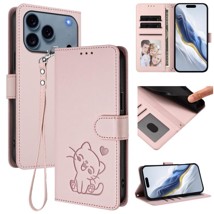 エンボス加工 ハート猫 レザー電話ケース ハンドストラップ付き、iPhone 17e / 16e 用、iPhone 17 Pro Max 用、iPhone 17 Pro 用、iPhone 17 用