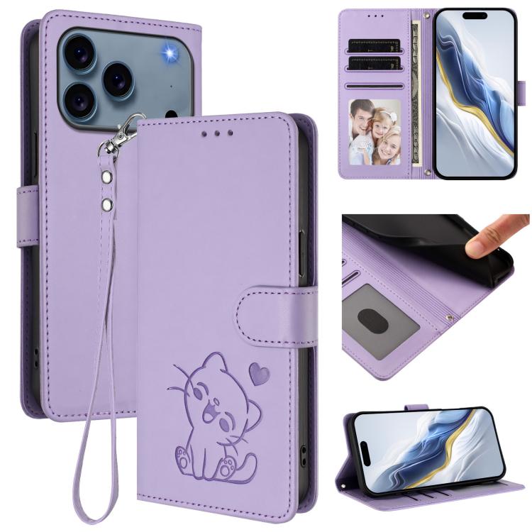 エンボス加工 ハート猫 レザー電話ケース ハンドストラップ付き、iPhone 17e / 16e 用、iPhone 17 Pro Max 用、iPhone 17 Pro 用、iPhone 17 用
