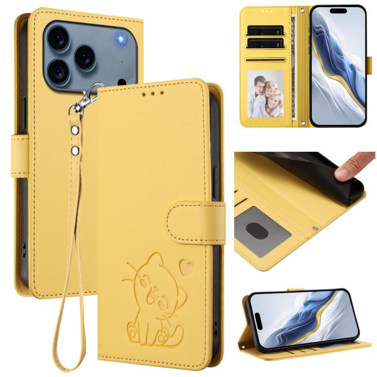 エンボス加工 ハート猫 レザー電話ケース ハンドストラップ付き、iPhone 17e / 16e 用、iPhone 17 Pro Max 用、iPhone 17 Pro 用、iPhone 17 用
