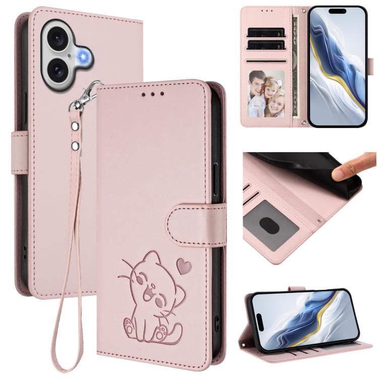 エンボス加工 ハート猫 レザー電話ケース ハンドストラップ付き、iPhone 17e / 16e 用、iPhone 17 Pro Max 用、iPhone 17 Pro 用、iPhone 17 用