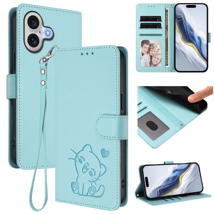 エンボス加工 ハート猫 レザー電話ケース ハンドストラップ付き、iPhone 17e / 16e 用、iPhone 17 Pro Max 用、iPhone 17 Pro 用、iPhone 17 用