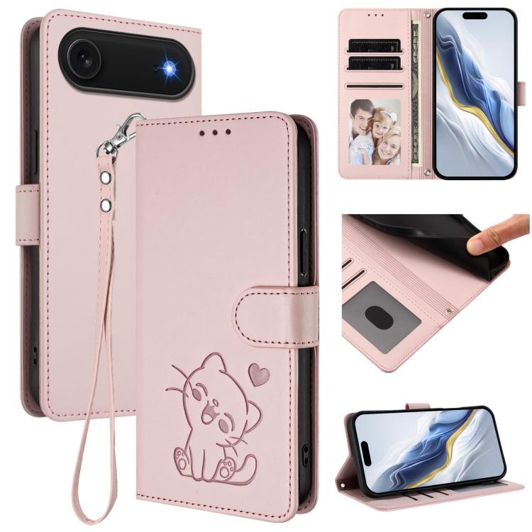 エンボス加工 ハート猫 レザー電話ケース ハンドストラップ付き、iPhone Air 用、iPhone 16 Pro Max 用、iPhone 16 Pro 用、iPhone 16 Plus 用