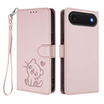 エンボス加工 ハート猫 レザー電話ケース ハンドストラップ付き、iPhone Air 用、iPhone 16 Pro Max 用、iPhone 16 Pro 用、iPhone 16 Plus 用