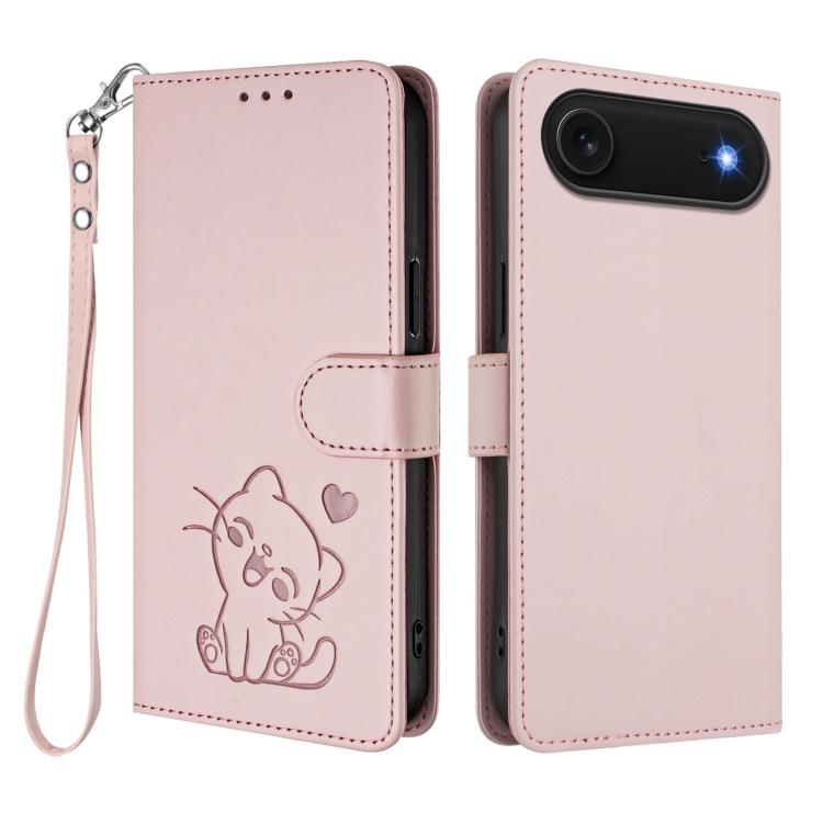 エンボス加工 ハート猫 レザー電話ケース ハンドストラップ付き、iPhone Air 用、iPhone 16 Pro Max 用、iPhone 16 Pro 用、iPhone 16 Plus 用
