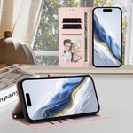 エンボス加工 ハート猫 レザー電話ケース ハンドストラップ付き、iPhone Air 用、iPhone 16 Pro Max 用、iPhone 16 Pro 用、iPhone 16 Plus 用