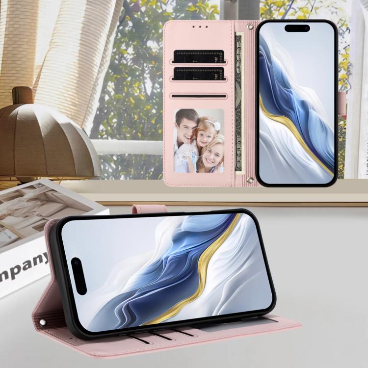 エンボス加工 ハート猫 レザー電話ケース ハンドストラップ付き、iPhone Air 用、iPhone 16 Pro Max 用、iPhone 16 Pro 用、iPhone 16 Plus 用