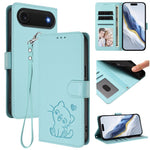 エンボス加工 ハート猫 レザー電話ケース ハンドストラップ付き、iPhone Air 用、iPhone 16 Pro Max 用、iPhone 16 Pro 用、iPhone 16 Plus 用