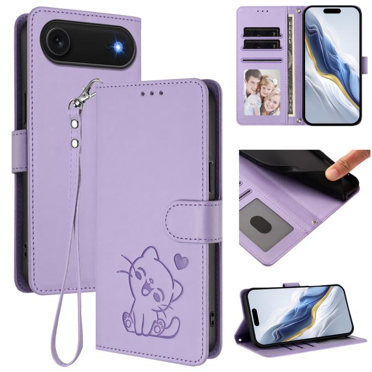 エンボス加工 ハート猫 レザー電話ケース ハンドストラップ付き、iPhone Air 用、iPhone 16 Pro Max 用、iPhone 16 Pro 用、iPhone 16 Plus 用