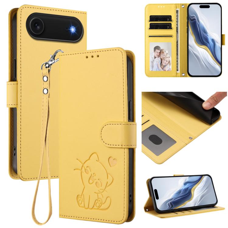 エンボス加工 ハート猫 レザー電話ケース ハンドストラップ付き、iPhone Air 用、iPhone 16 Pro Max 用、iPhone 16 Pro 用、iPhone 16 Plus 用
