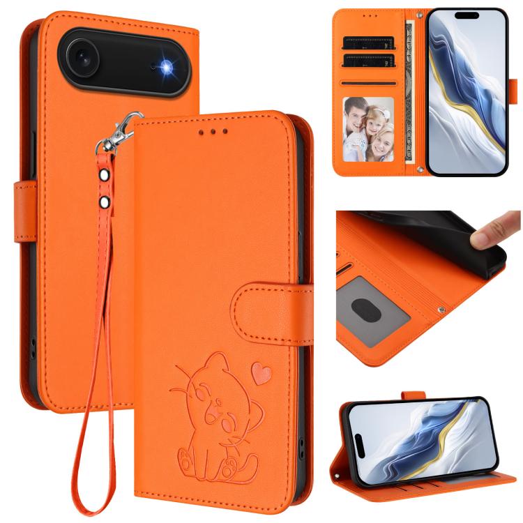 エンボス加工 ハート猫 レザー電話ケース ハンドストラップ付き、iPhone Air 用、iPhone 16 Pro Max 用、iPhone 16 Pro 用、iPhone 16 Plus 用