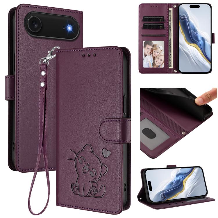 エンボス加工 ハート猫 レザー電話ケース ハンドストラップ付き、iPhone Air 用、iPhone 16 Pro Max 用、iPhone 16 Pro 用、iPhone 16 Plus 用