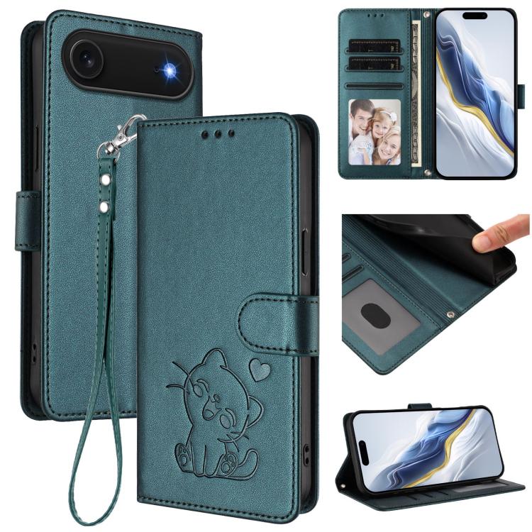 エンボス加工 ハート猫 レザー電話ケース ハンドストラップ付き、iPhone Air 用、iPhone 16 Pro Max 用、iPhone 16 Pro 用、iPhone 16 Plus 用