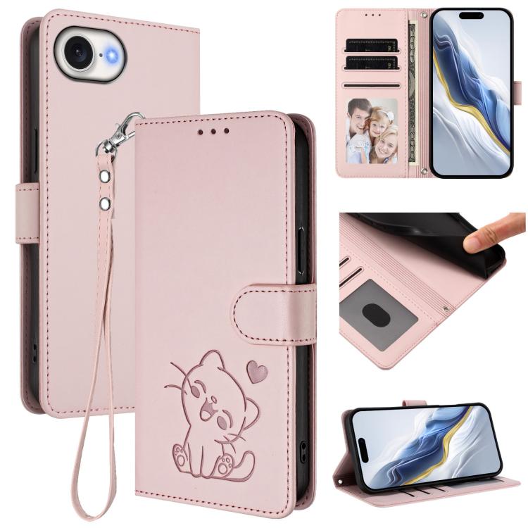 エンボス加工 ハート猫 レザー電話ケース ハンドストラップ付き、iPhone 17e / 16e 用、iPhone 17 Pro Max 用、iPhone 17 Pro 用、iPhone 17 用