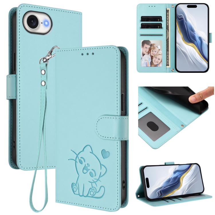エンボス加工 ハート猫 レザー電話ケース ハンドストラップ付き、iPhone 17e / 16e 用、iPhone 17 Pro Max 用、iPhone 17 Pro 用、iPhone 17 用