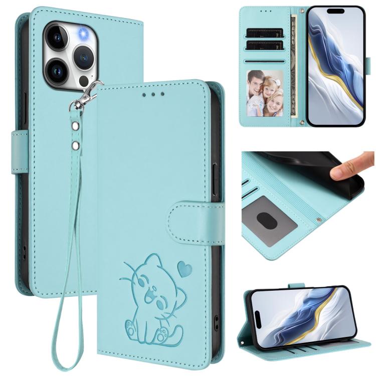 エンボス加工 ハート猫 レザー電話ケース ハンドストラップ付き、iPhone Air 用、iPhone 16 Pro Max 用、iPhone 16 Pro 用、iPhone 16 Plus 用