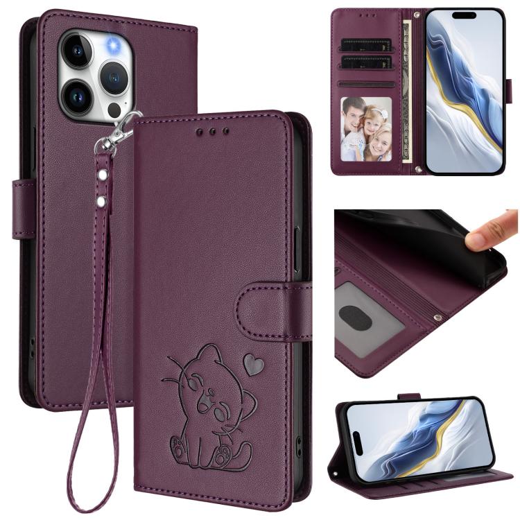 エンボス加工 ハート猫 レザー電話ケース ハンドストラップ付き、iPhone Air 用、iPhone 16 Pro Max 用、iPhone 16 Pro 用、iPhone 16 Plus 用