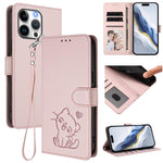 エンボス加工 ハート猫 レザー電話ケース ハンドストラップ付き、iPhone Air 用、iPhone 16 Pro Max 用、iPhone 16 Pro 用、iPhone 16 Plus 用