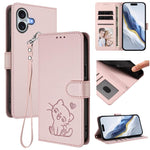 エンボス加工 ハート猫 レザー電話ケース ハンドストラップ付き、iPhone Air 用、iPhone 16 Pro Max 用、iPhone 16 Pro 用、iPhone 16 Plus 用