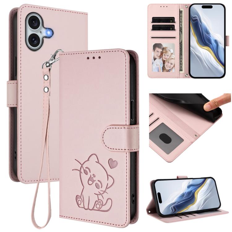 エンボス加工 ハート猫 レザー電話ケース ハンドストラップ付き、iPhone Air 用、iPhone 16 Pro Max 用、iPhone 16 Pro 用、iPhone 16 Plus 用