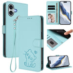 エンボス加工 ハート猫 レザー電話ケース ハンドストラップ付き、iPhone Air 用、iPhone 16 Pro Max 用、iPhone 16 Pro 用、iPhone 16 Plus 用
