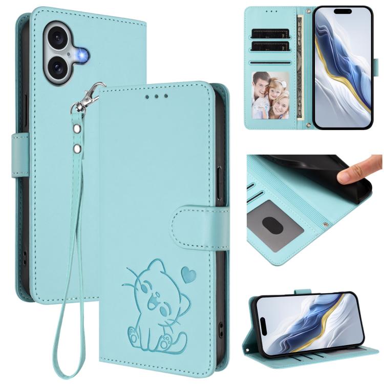 エンボス加工 ハート猫 レザー電話ケース ハンドストラップ付き、iPhone Air 用、iPhone 16 Pro Max 用、iPhone 16 Pro 用、iPhone 16 Plus 用