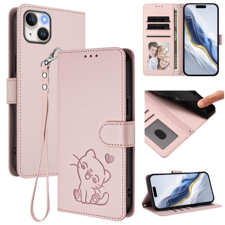 エンボス加工ハート猫レザー手ストラップ付きスマホケース、iPhone 15用、iPhone 14 Plus用、iPhone 14 / 13用、iPhone 14 Pro用