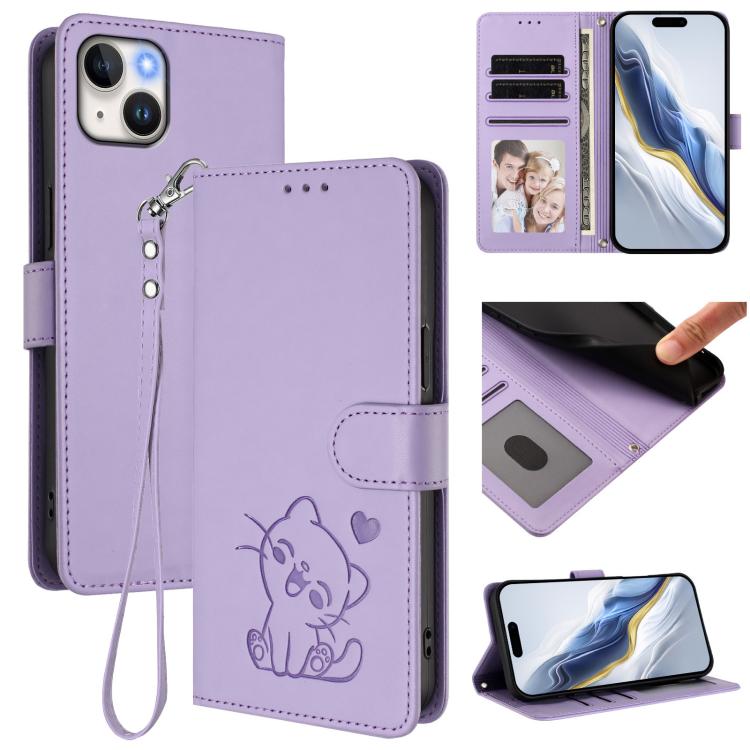 エンボス加工ハート猫レザー手ストラップ付きスマホケース、iPhone 15用、iPhone 14 Plus用、iPhone 14 / 13用、iPhone 14 Pro用