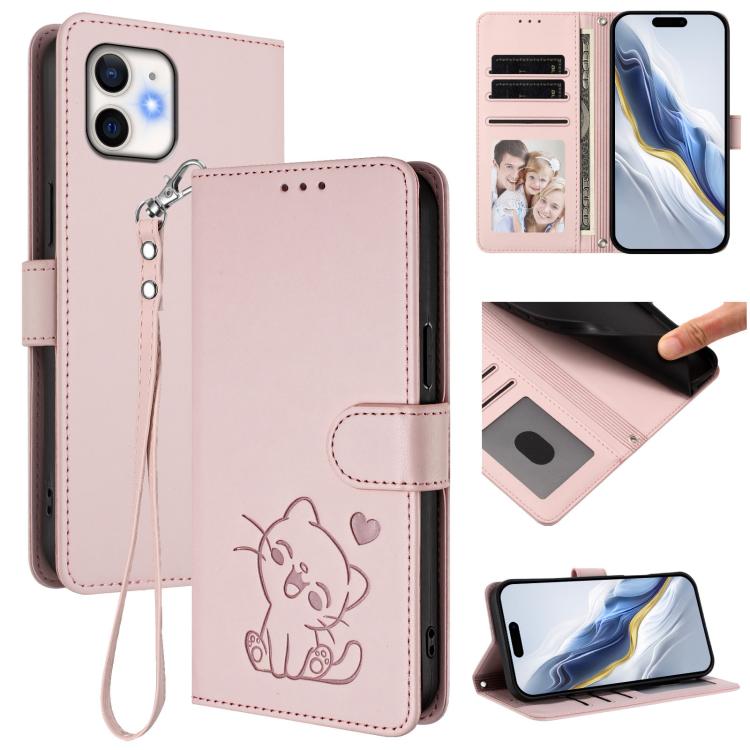 エンボス加工ハート猫レザー手ストラップ付きスマホケース、iPhone 13 mini用、iPhone 12 / 12 Pro用、iPhone 12 Pro Max用、iPhone 12 mini用