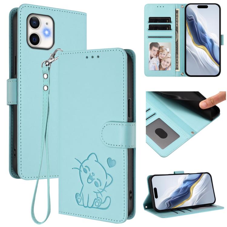 エンボス加工ハート猫レザー手ストラップ付きスマホケース、iPhone 13 mini用、iPhone 12 / 12 Pro用、iPhone 12 Pro Max用、iPhone 12 mini用